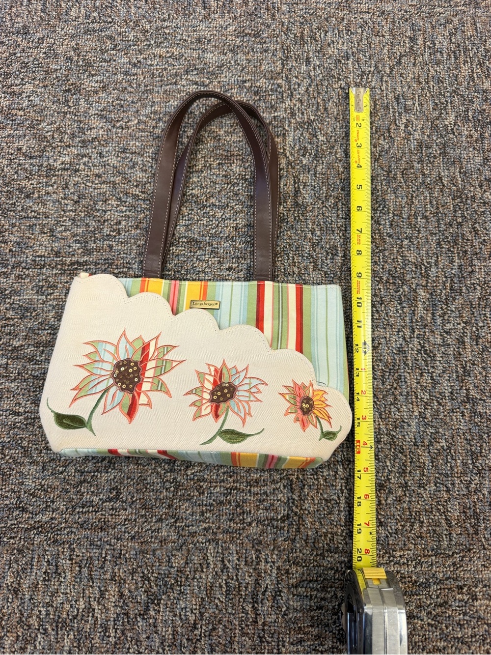 Longaberger Cream Canvas Floral Appliqué Tote with Multicolor Stripes Sunflower - Picture 5 of 12